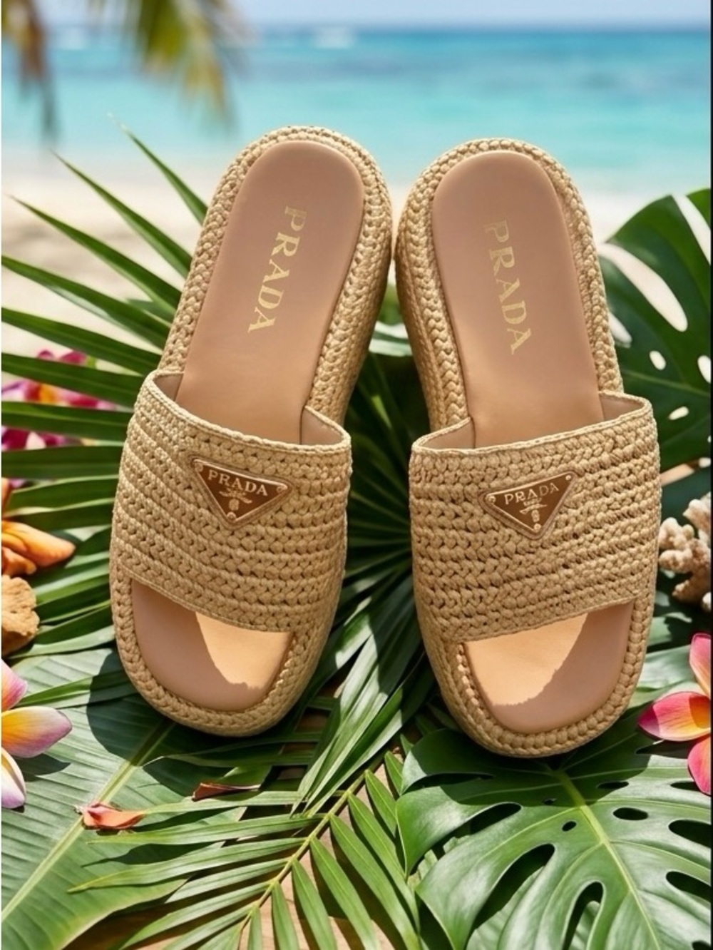 Tan Woven Raffia Platform Slide Mules
